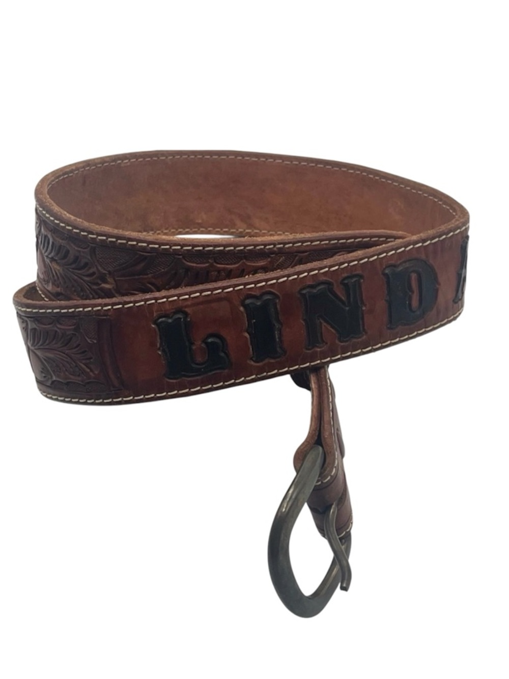 Linda Etched Western Belt Personalized Rawhide Leather Belt Brown